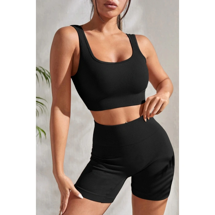 Kadın Siyah Kalın Askılı Yüksek Bel Şortlu Gecelik Takımı