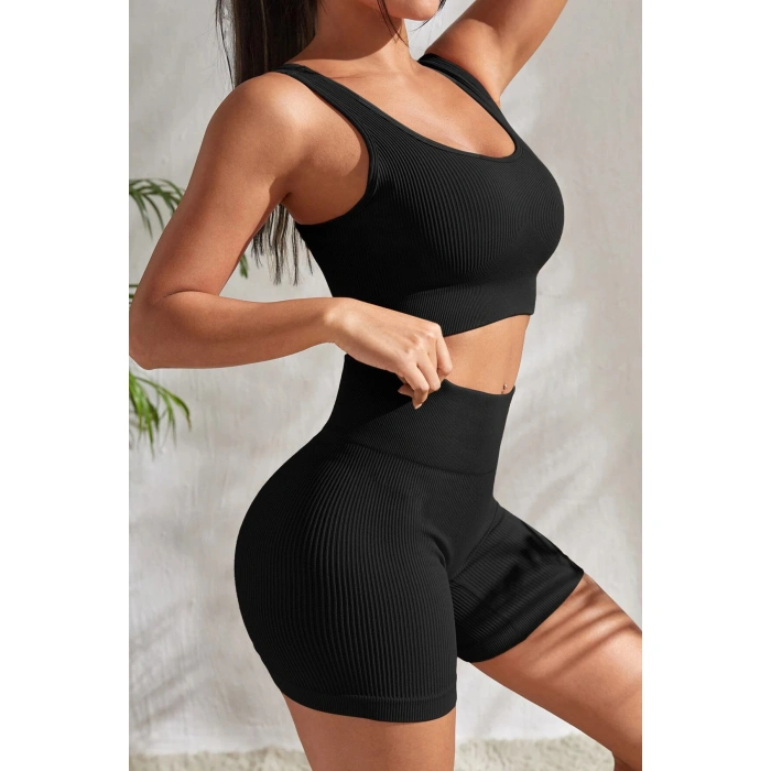 Kadın Siyah Kalın Askılı Yüksek Bel Şortlu Gecelik Takımı