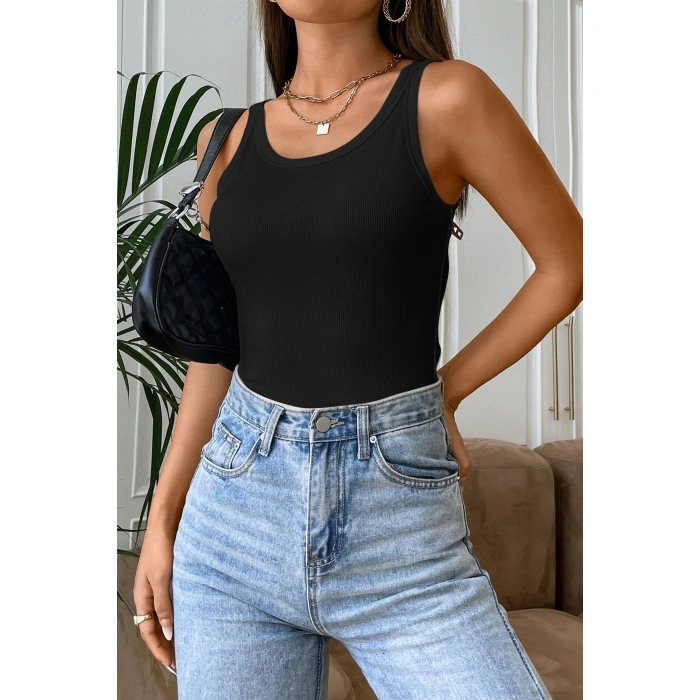 Kadın Siyah Kolsuz Kalın Askılı Uzun Crop Top Bluz & Atlet