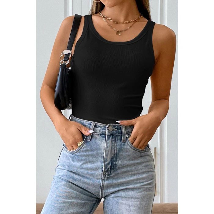 Kadın Siyah Kolsuz Kalın Askılı Uzun Crop Top Bluz & Atlet