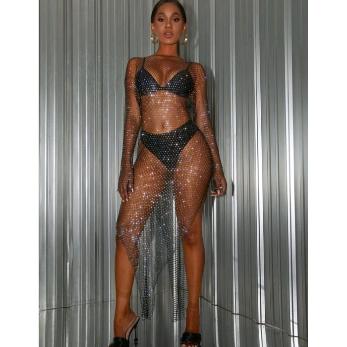 Kadın Siyah Kristal Taşlı File Elbise – Plaj Ve Gece Şıklığı İçin