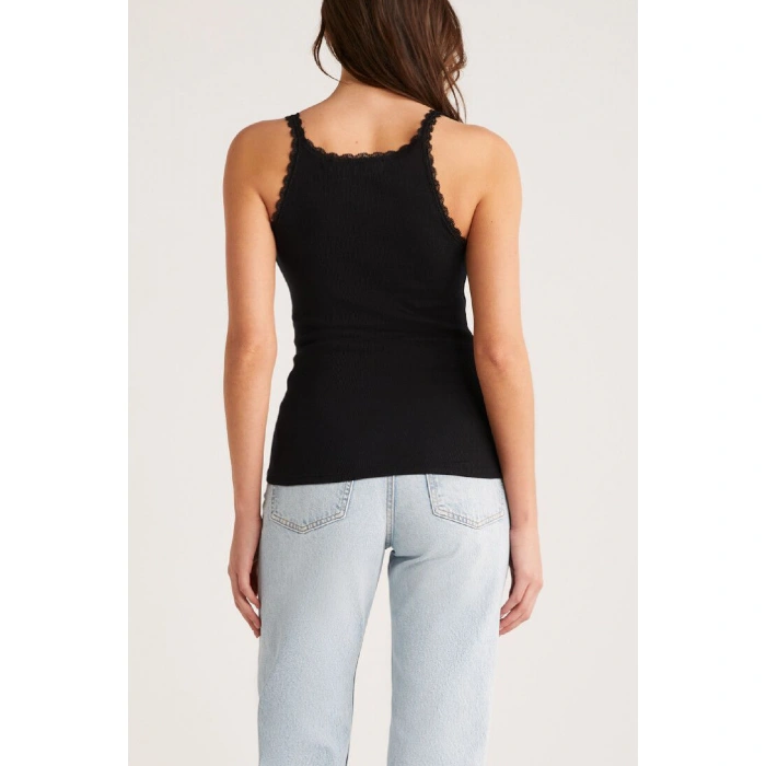 Kadın Siyah Normal Kalıp Dantel Detalı Ince Askılı Oyuk Yaka Atlet