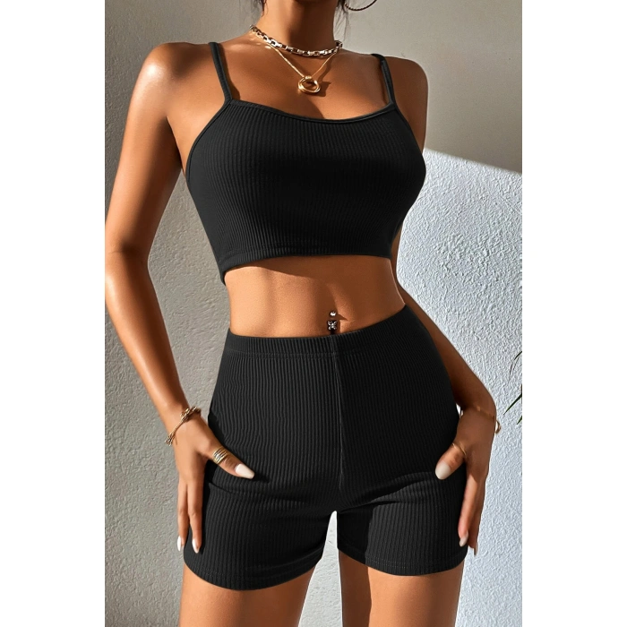 Kadın Siyah Şortlu Kaşkorse Gecelik Takım