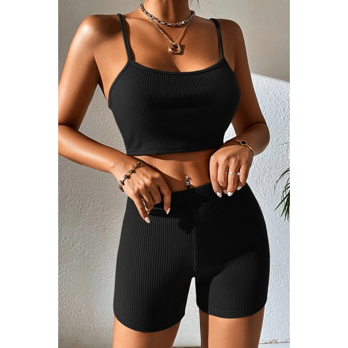 Kadın Siyah Şortlu Kaşkorse Gecelik Takım
