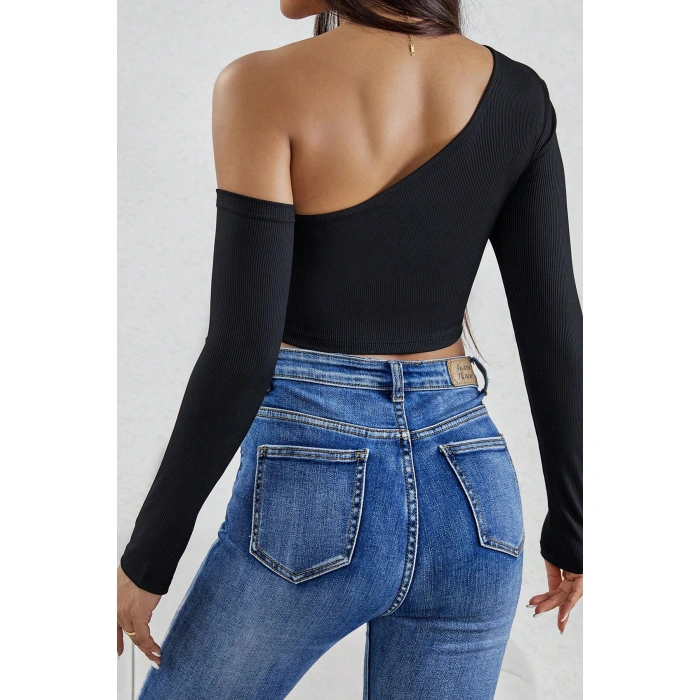 Kadın Siyah Tek Omuz Detaylı Uzun Kol Crop Top Bluz
