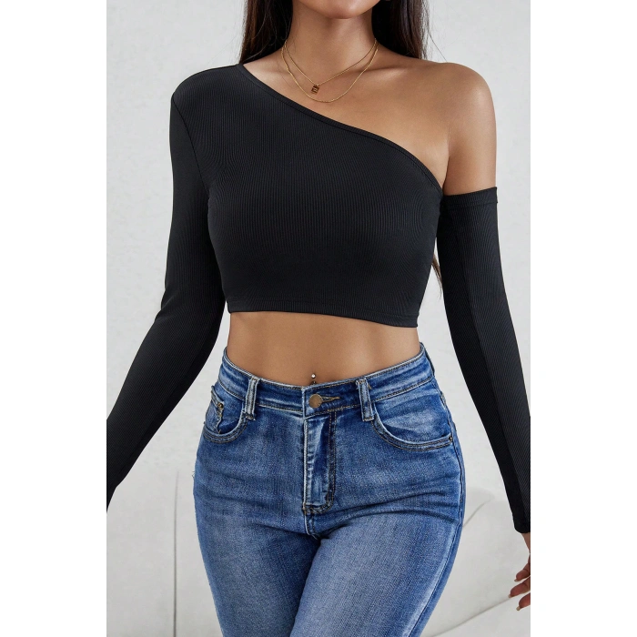 Kadın Siyah Tek Omuz Detaylı Uzun Kol Crop Top Bluz