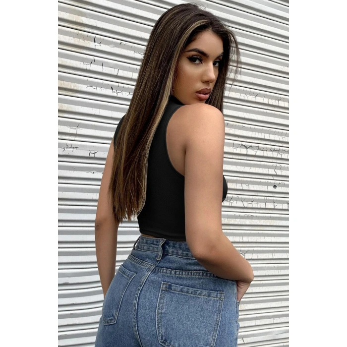 Kadın Siyah Yarım Fermuarlı Sıfır Kol Crop Top Bluz