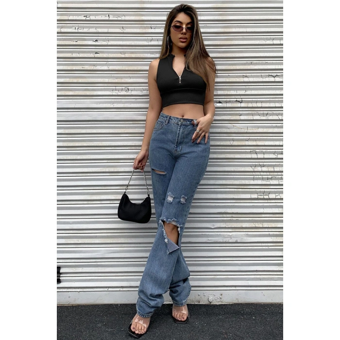 Kadın Siyah Yarım Fermuarlı Sıfır Kol Crop Top Bluz