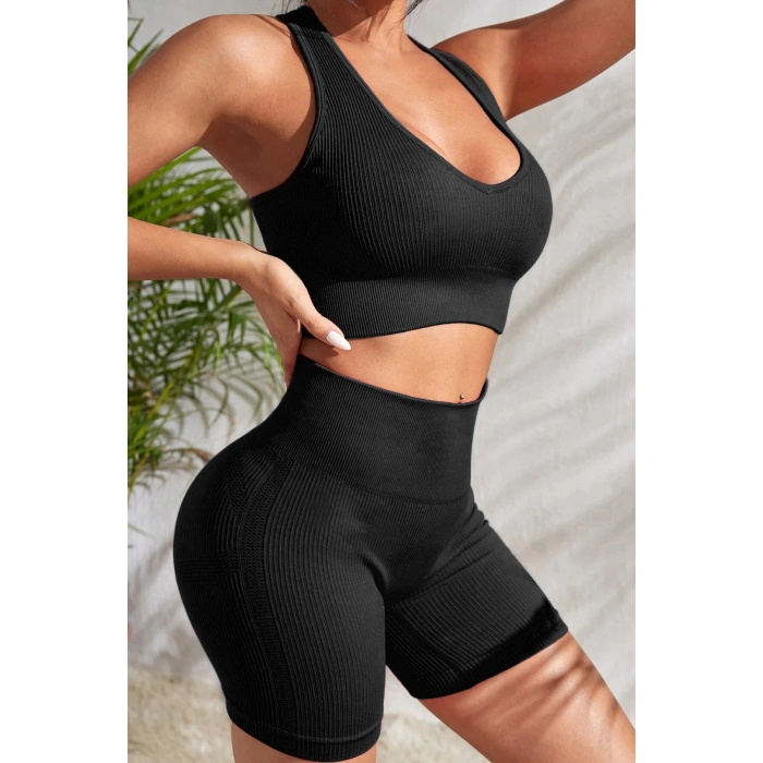 Kadın Siyah Yüksek Bel Çapraz Sırt Detaylı Şortlu Gecelik Takım