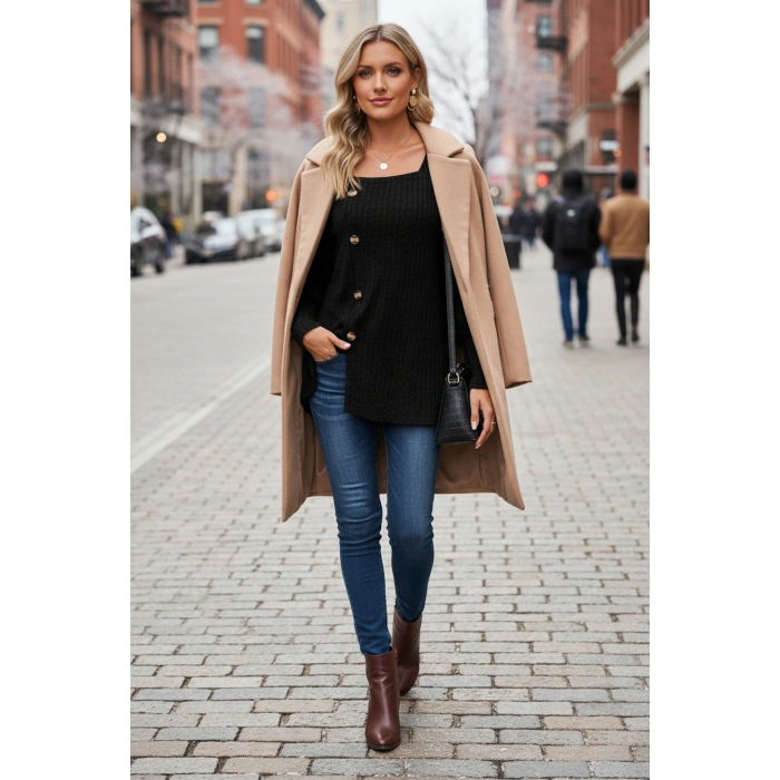 Kadın Uzun Kollu Düğmeli Mevsimlik Bluz – Yumuşak Dokulu, Esnek Ve Sıcak Tutan Kumaş