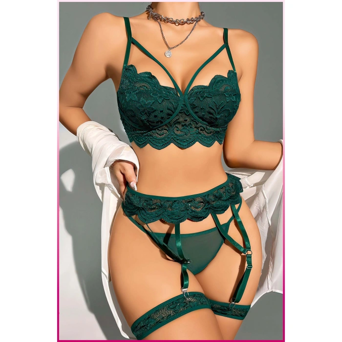 Kadın Yeşil Dantel Detaylı Jartiyer Takım