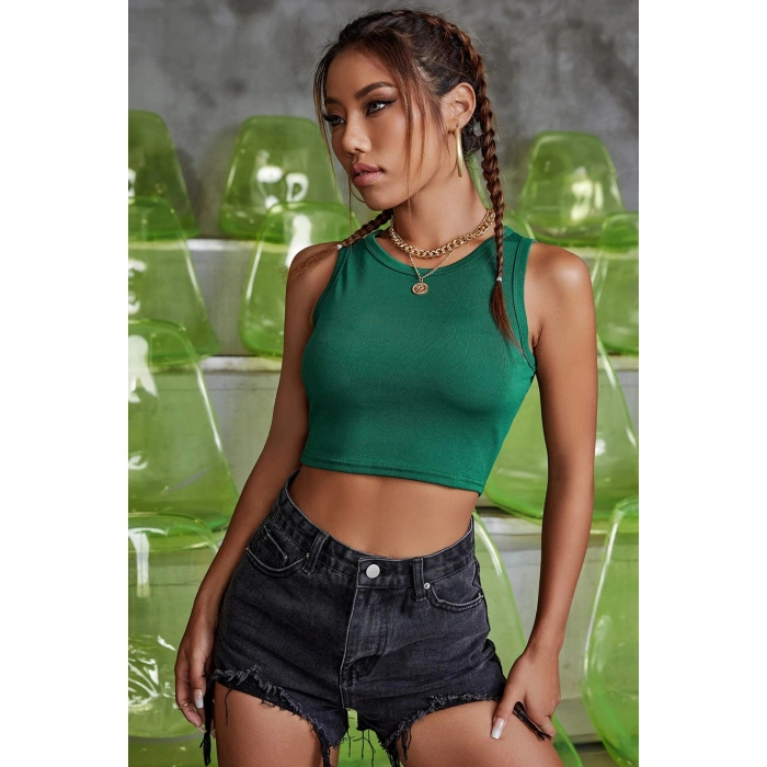 Kadın Yeşil Kare Yaka Crop Top Bluz