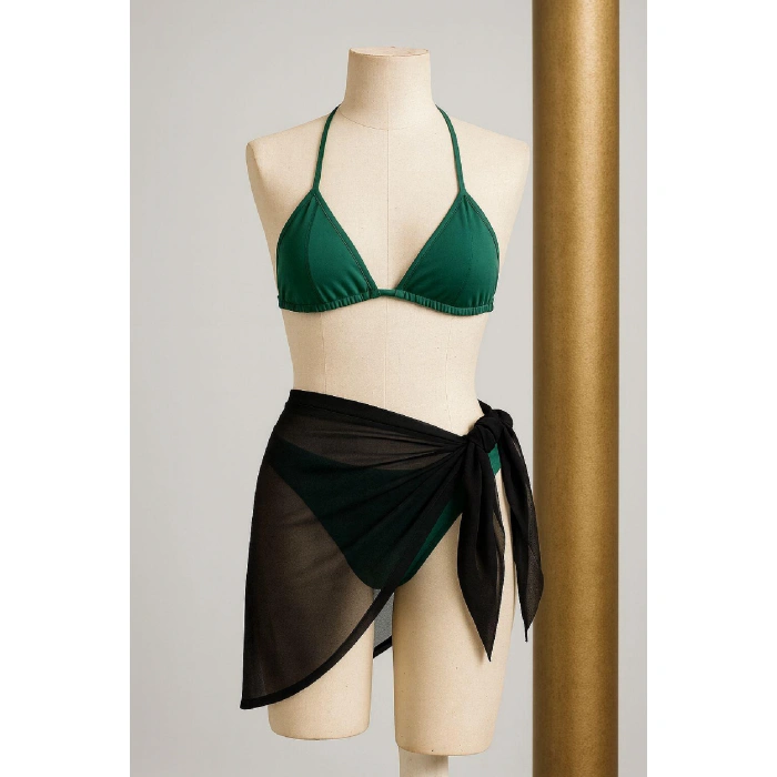 Kadın Yeşil Siyah Pareolu Yandan Ve Boyundan Bağlamalı 3lü Bikini Takımı