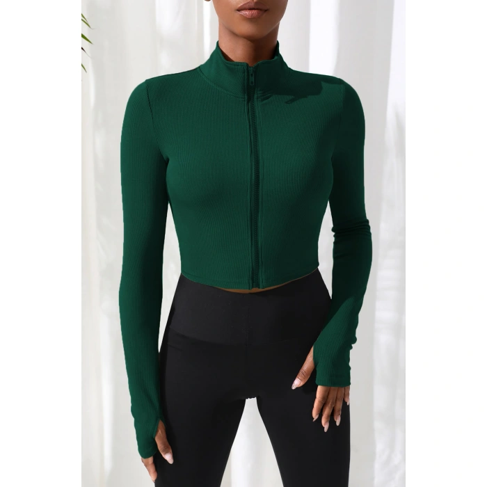 Kadın Yeşil Uzun Kol Fermuarlı Parmak Geçme Detaylı Dik Yaka Crop Top Bluz