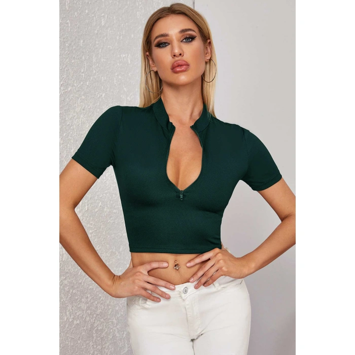Kadın Yeşil Yarım Fermuarlı Ve Kısa Kollu Crop Top Bluz