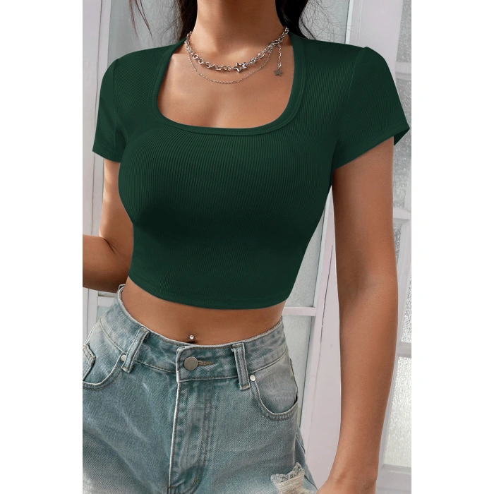 Kadın Yeşil Yarım Kol Düz Yaka Crop Top Bluz