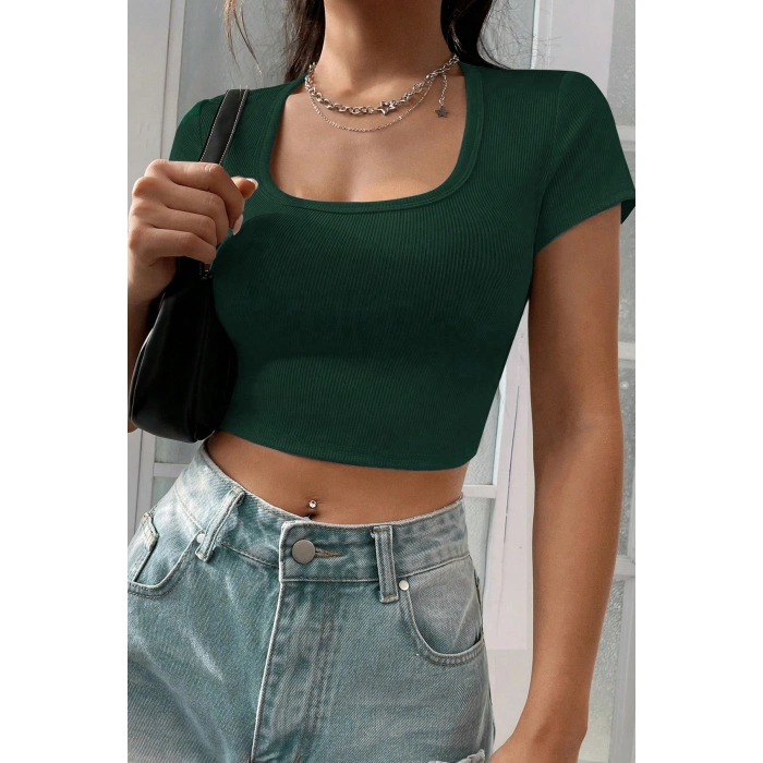 Kadın Yeşil Yarım Kol Düz Yaka Crop Top Bluz