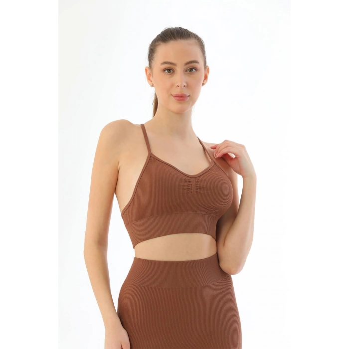Kahve Mı Emay 3921 Soft Seamless Ripli Tayt Yoga Takımı