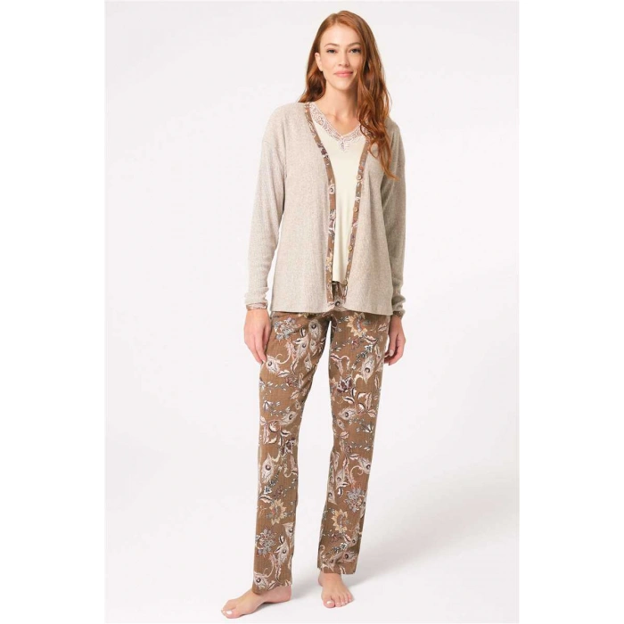 Kalın Askılı V Yaka Viskon Çiçek Desenli Kışlık Örme Normal Bel Düğmeli Dantel Detaylı Pijama Takımı Sabahlık