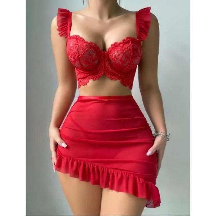 Kırmızı Transparan Fantezi Etekli Fırfırlı Sütyen Takım