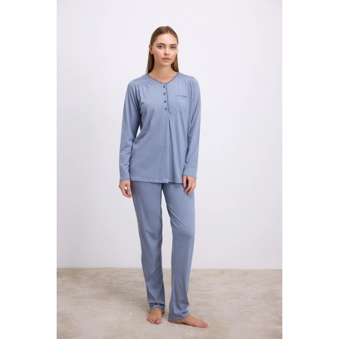 Modal Pamuklu Uzun Kollu Düğmeli 2li Pijama Takımı