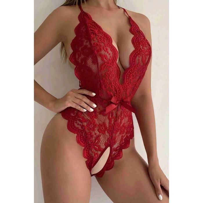 Özel Bölgesi Açık Dantelli Kırmızı Fantazi Babydoll Brf1278