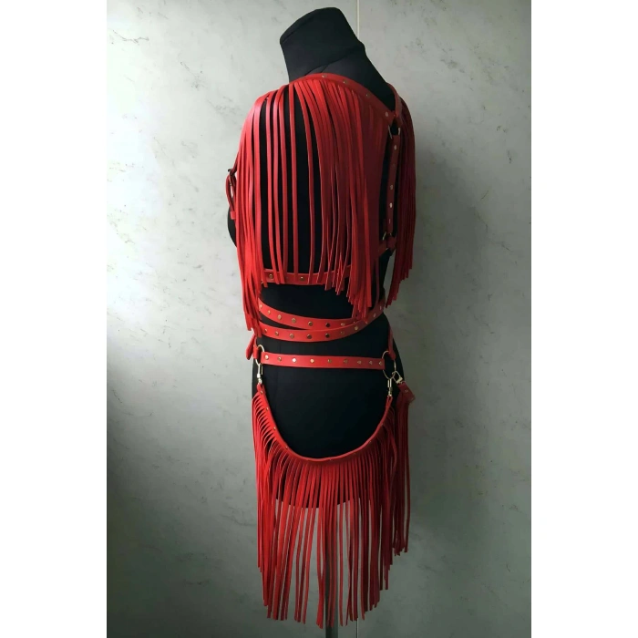 Püskül Detaylı Şık Kırmızı Deri Etek - Ceket Takım, Deri Etek Ve Ceket Takım - Brf1005