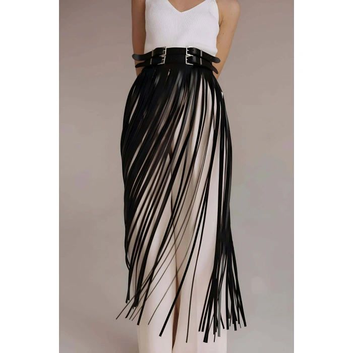 Püsküllü Deri Etek, Bel Üzeri Şık Püsküllü Deri Etek - Brf1090