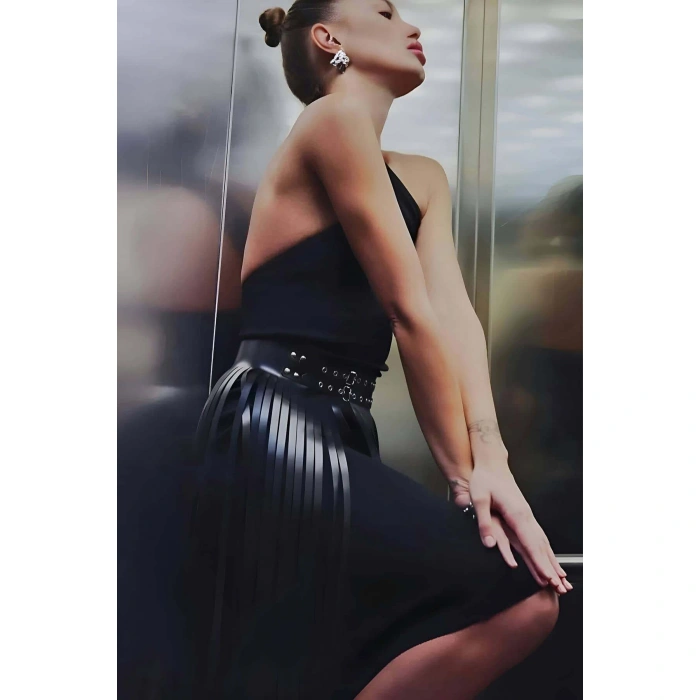 Püsküllü Deri Etek, Şık Deri Etek, Uzun Deri Etek, Siyah Deri Etek - Brf637