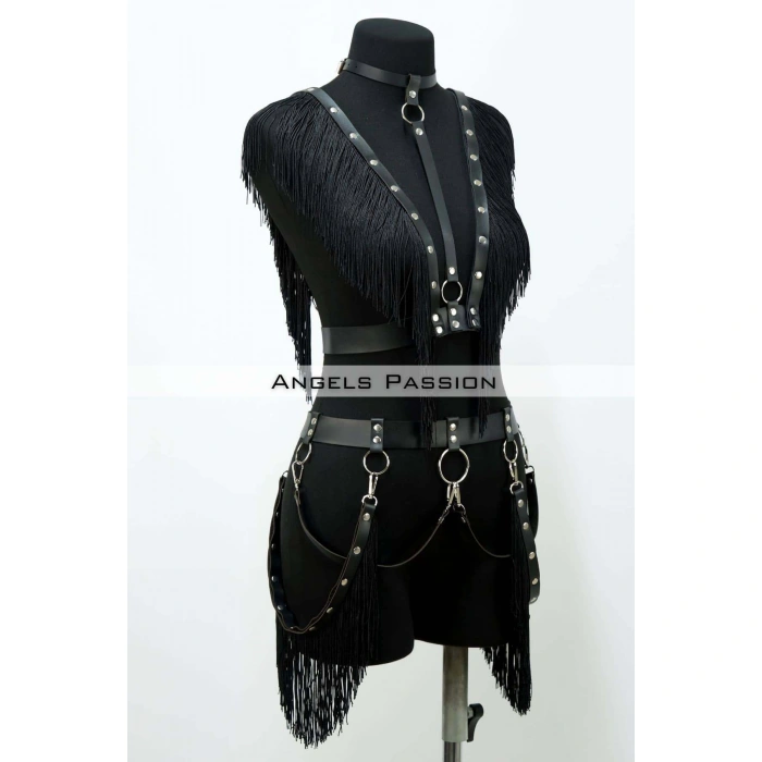 Püslüllü Deri Harness Takım, Püsküllü Elbise Aksesuarı - Brf768