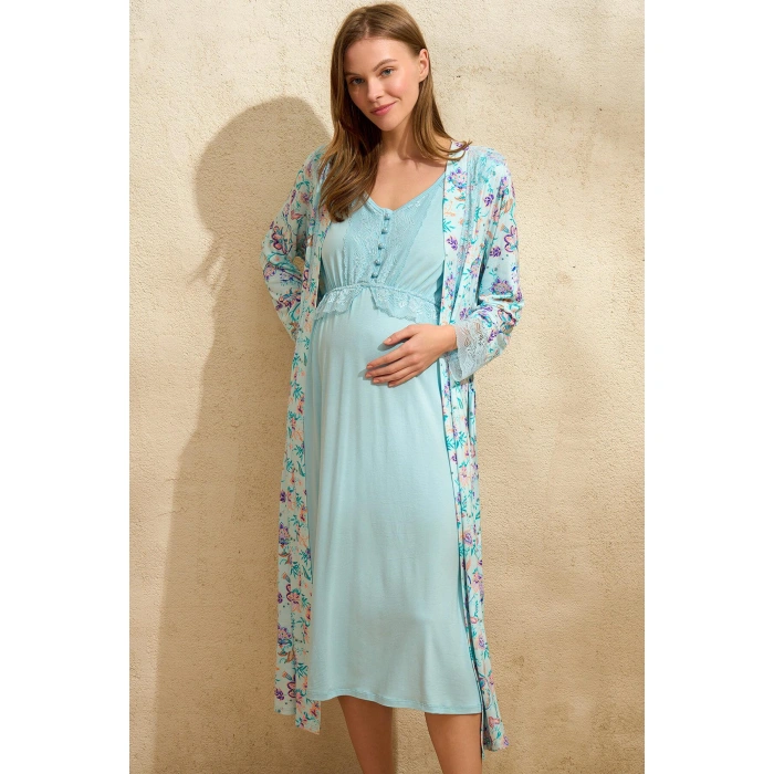 Sıfır Kol V Yaka Viskon Çiçek Desenli Yazlık Uzun Dantel Detaylı Hamile Gecelik Sabahlık
