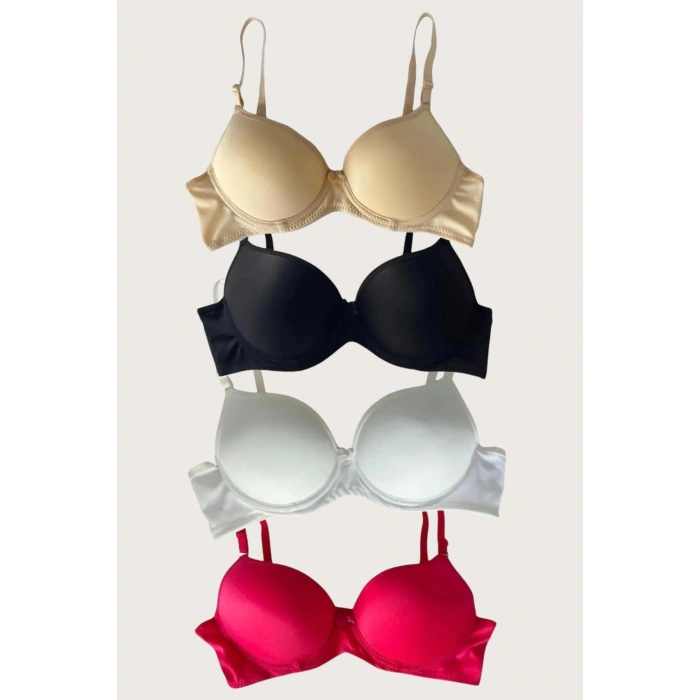 Siyah-beyaz-kırmızı-ten 4lü İçi Boş Micro Balenli Günlük Tek Desteksiz Sütyen