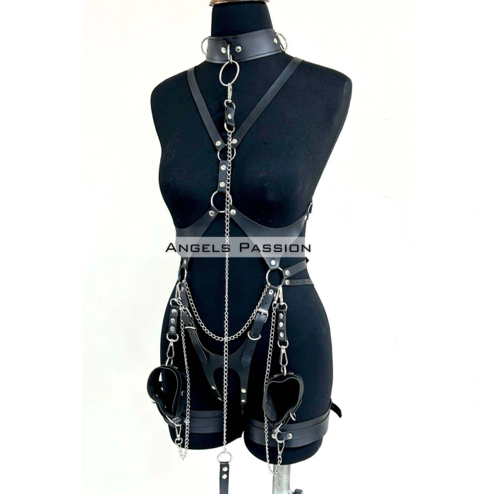 Tasma Ve Zincir Detaylı Şık Deri Harness, Deri Fantezi Giyim- Brf1225
