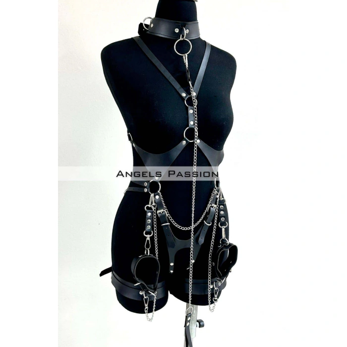 Tasma Ve Zincir Detaylı Şık Deri Harness, Deri Fantezi Giyim- Brf1225