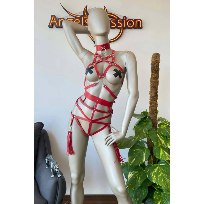 Tasmalı Kırmızı Harness Fantazi İç Giyim Takım