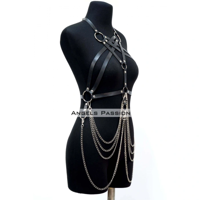 Zincir Detaylı Deri Göğüs Harness, Deri Fantezi Giyim, Elbise Aksesuar - Brf11