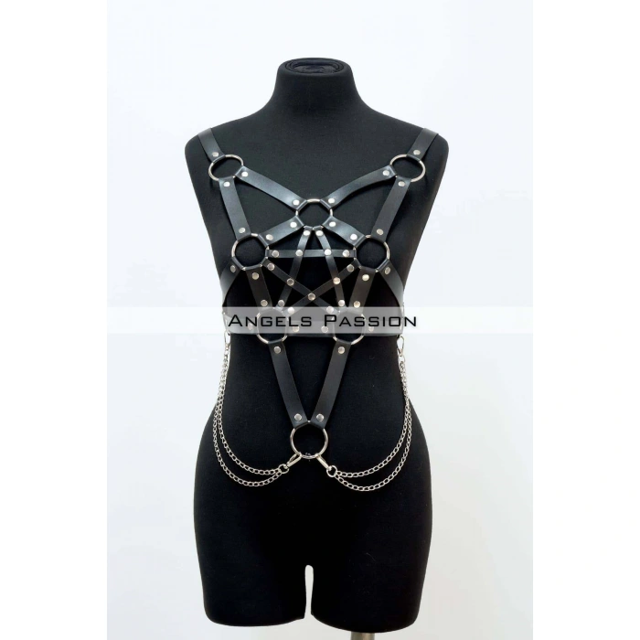 Zincir Detaylı Şık Deri Göğüs Harness, Büstiyer Harness, Deri Göğüs Harness- Brf1399