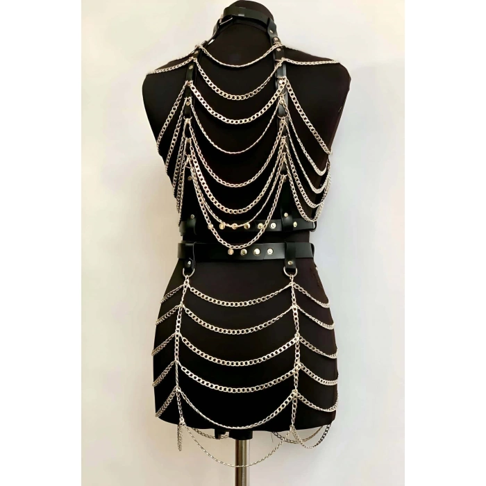 Zincirli Crop Ve Etek Harness Alt Üst Takım, Festival Sahne Giysileri - Brf1006