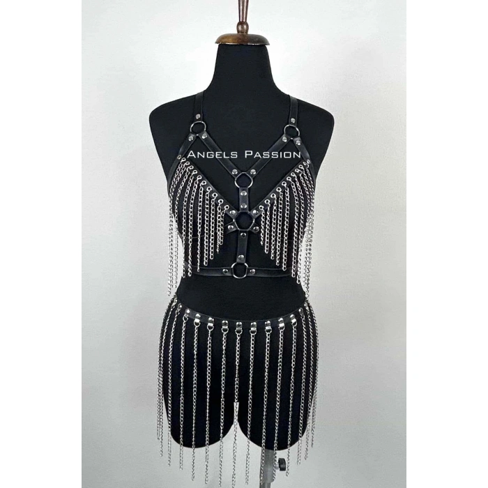 Zincirli Harness Takım, Deri Zincirli Etek Takım - Brf496
