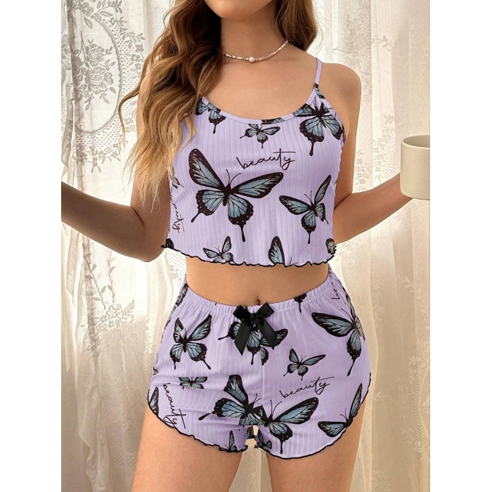 Mor Renk Kelebek Desenli Şortlu Ev Giyim Takımı,kadın Yazlık Askılı Pijama, Rahat Ve Şık Ev Giyim