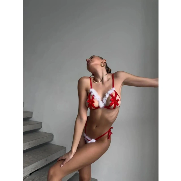 Yılbaşı Özel Tasarım Kırmızı Tüy İşlemeli Fantezi Sütyen String Takımı