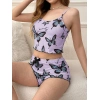 Mor Renk Kelebek Desenli Şortlu Ev Giyim Takımı,kadın Yazlık Askılı Pijama, Rahat Ve Şık Ev Giyim