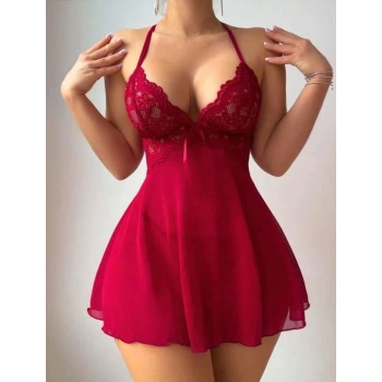 Bordo Dantel İşlemeli Boyundan Bağlamalı Likralı Fantezi Tül Gecelik