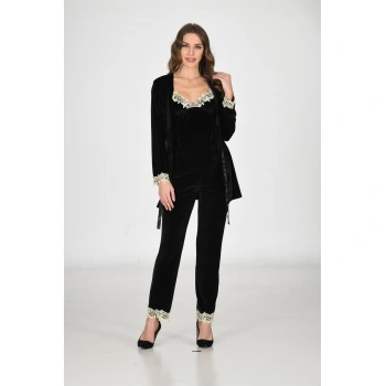 Siyah Kadife Sabahlık & Gecelik Takım 3 Lü - 1441