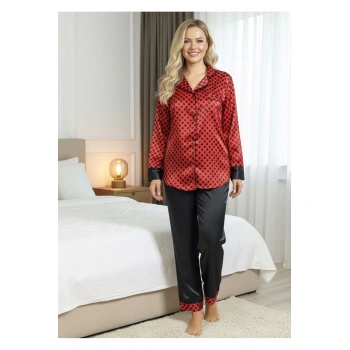 Siyah-kırmızı Saten Pijama Takımı - 1621