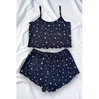 Yıldız Desenli Lacivert Askılı Şortlu Gecelik