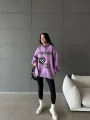 3 iplik şardonlu oversize true baskılı sweat mor