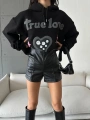 3 iplik şardonlu oversize true baskılı sweat siyah