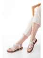 205-08 Beyaz Garni  Ortopedik Hakiki Deri Kadın Sandalet