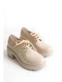 K-707 Bej Kırışık Rugan Yüksek Tabanlı Bağcıklı  Loafer Ayakkabı